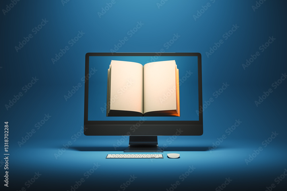 Aufkleber Open book displayed on a computer screen representing online learning and digital education concept. 3D Rendering