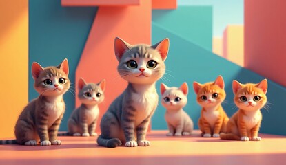 Fototapeta premium A charming little kitty illustration. The cats are all different colors, including gray, orange, and white.