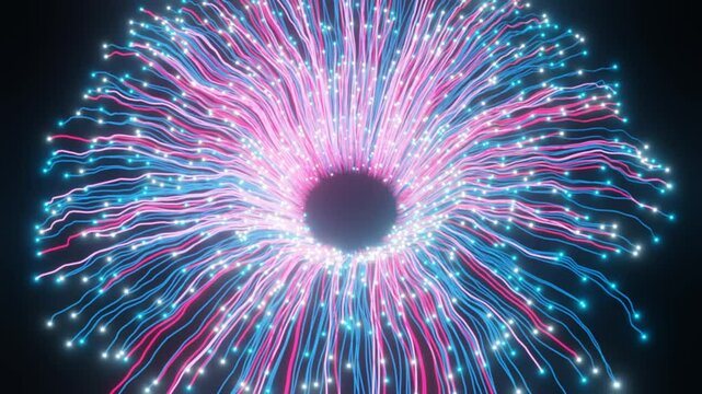 Big data flow. Machine learning algorithms. Futuristic dynamic background with stream light lines. Artificial intelligence visualization. Digital processing and data sorting.