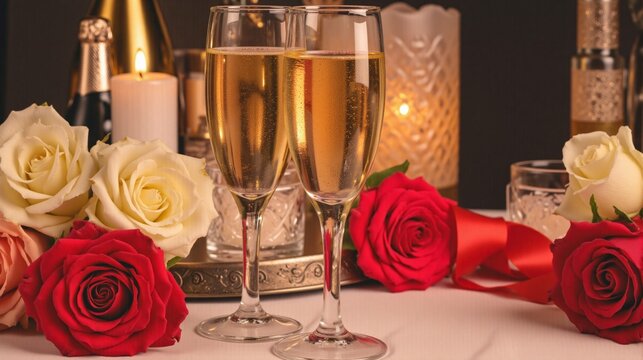 Champagne glasses with bubbly wine, surrounded by white and red roses, candles, and red ribbon. Symbolizes romance, celebration, and elegance, perfect for weddings and special moments.