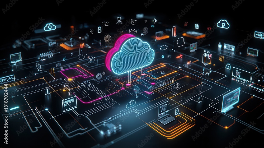 Poster mesmerizing futuristic digital composition showcasing an interconnected cloud based technology lands