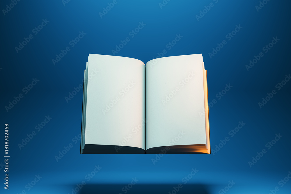 Poster open blank book mockup on blue background. 3d rendering