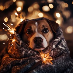 Cozy dog with sparklers, Christmas lights in background