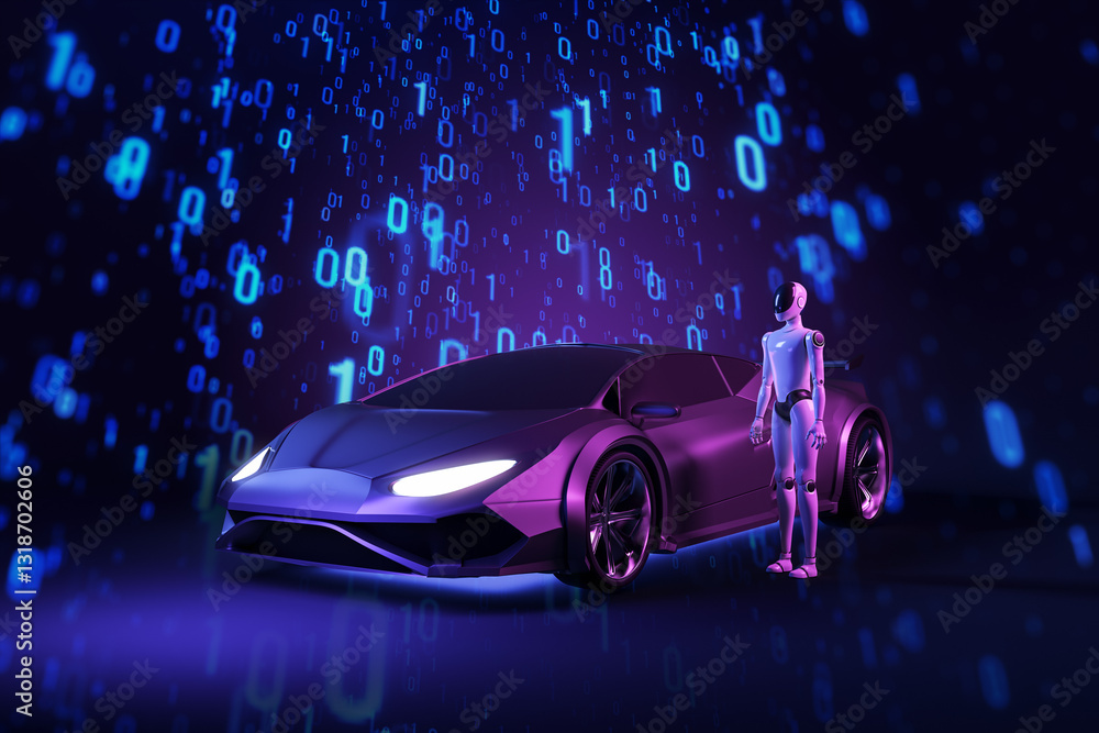 Aufkleber Futuristic robot standing next to a sleek car with digital background. 3D Rendering