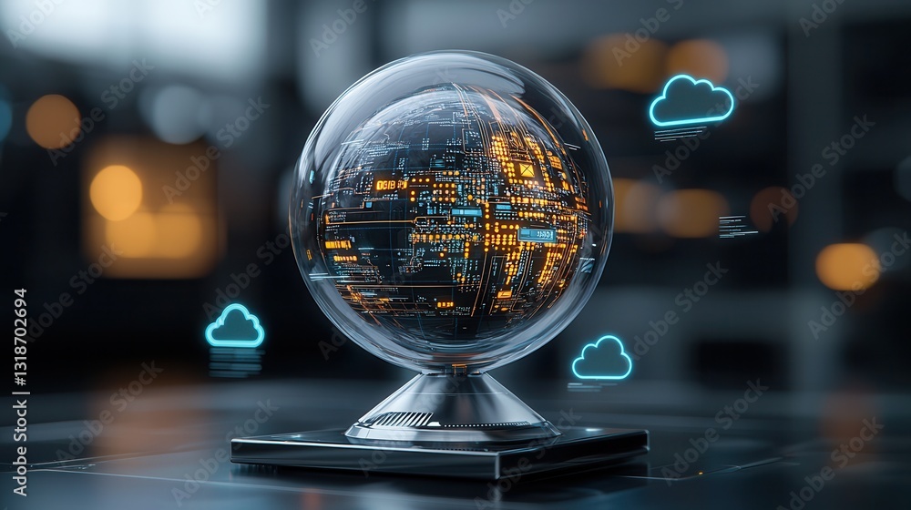 Poster mesmerizing futuristic crystal ball displaying a glassy reflection of a futuristic cityscape with il