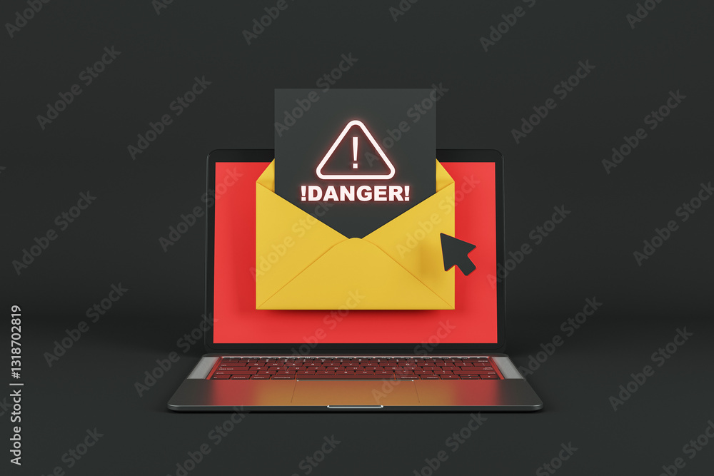 Poster Danger alert on laptop screen with email icon. 3D Rendering