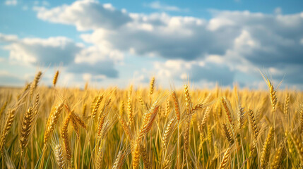 Fototapeta premium Golden Wheat Fields Under a Crisp Blue Sky, Soft Summer Breeze