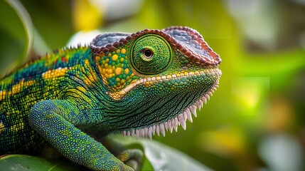 Obraz premium Close-Up of a Vibrant Chameleon with Intricate Textures and Bright, Colorful Patterns in a Lush Natural Setting