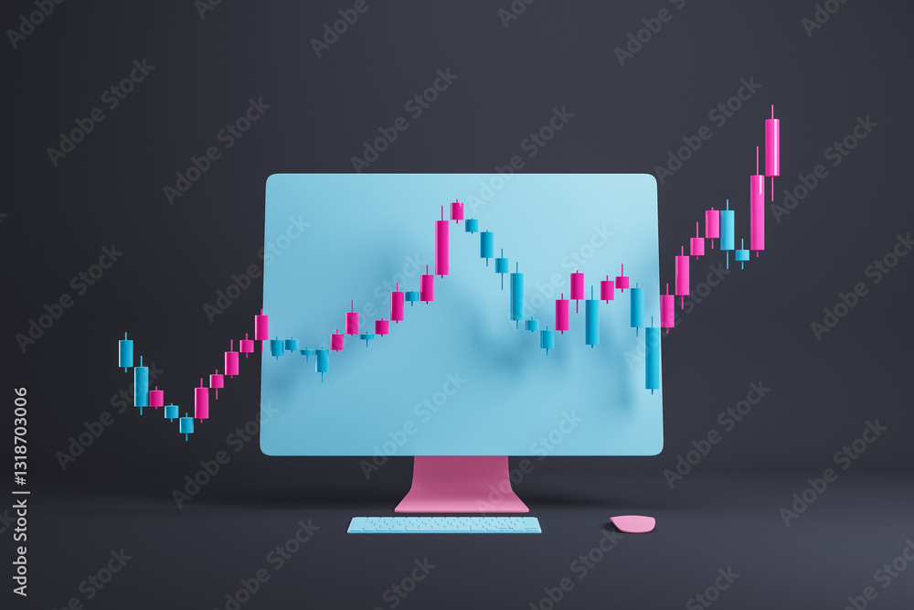 Aufkleber Abstract forex candlestick chart on a digital computer screen. 3D Rendering