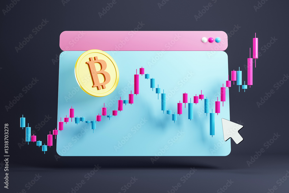 Poster Bitcoin trading screen with candlestick chart. 3D Rendering