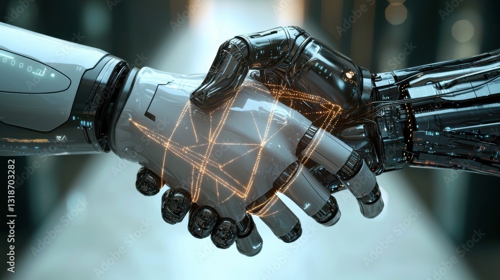 Poster robotic hands engaging in a handshake, showcasing the connection between artificial intelligence and
