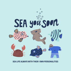 Free Vector lettering and under the seafish Design.