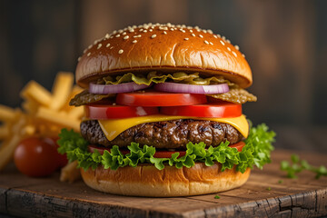 hamburger on a wooden background