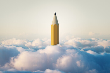 Giant yellow pencil emerging from fluffy clouds against a soft sky background. Concept of creativity, imagination, and artistic vision.