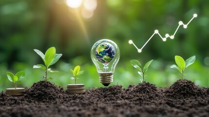 Symbolic representation of sustainable financial growth innovation and economic Plant seedlings emerging from a lightbulb symbolize the potential for progress development