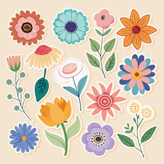 Springtime stickers, magnets collection with decorative floral design