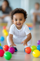 Fototapeta premium Physical Therapy, Happy toddler playing with colorful balls on a bright floor.