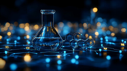 Blue Illuminated Chemical Flask and Molecular Structure