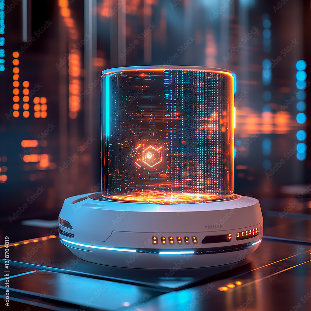 Poster a 3d ai-powered digital assistant appearing from a futuristic projector