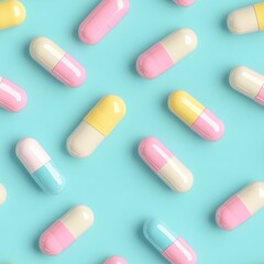 Pastel capsules seamless pattern on light blue background for modern design