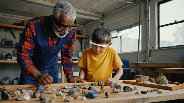dark-skinned grandfather with caucasian grandson examine stones minerals in workshop