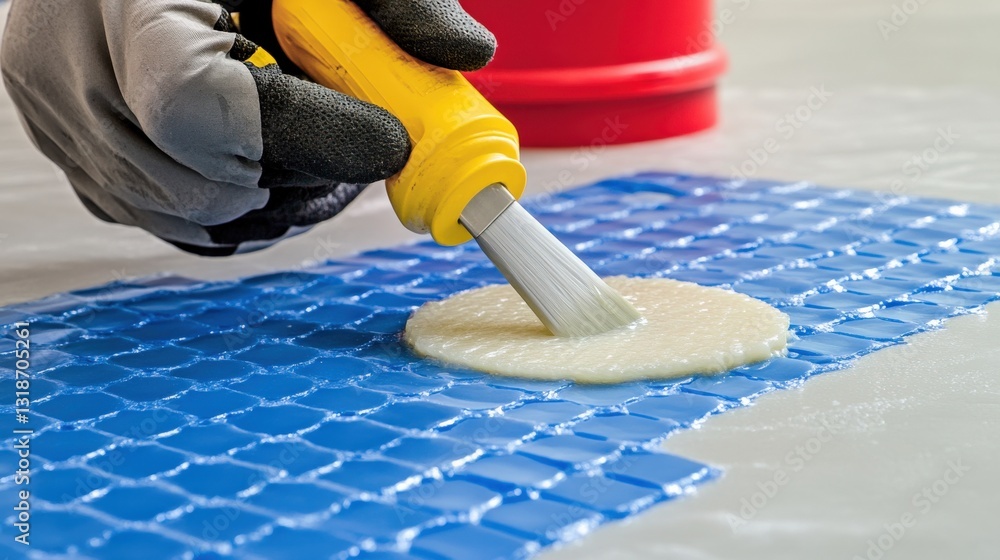 Poster worker applying adhesive on a blue textured surface with a brush in a construction setting