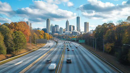 City skyline and cars moving on highway modern urban traffic
