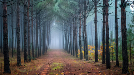 Fototapeta premium Rolling Fog Through a Misty Pine Forest, Tall Trees in Soft Light