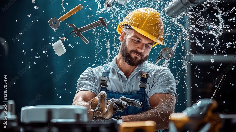 Poster man in a yellow helmet is working in a messy, wet environment. he is surrounded by tools and equipme