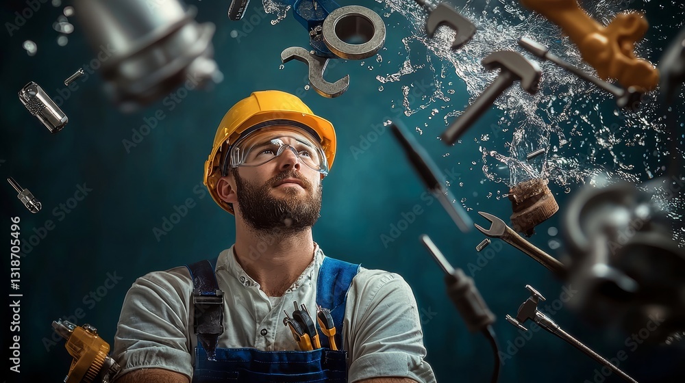 Poster man in a yellow helmet is looking at a pile of tools. the tools are scattered all over the place, an