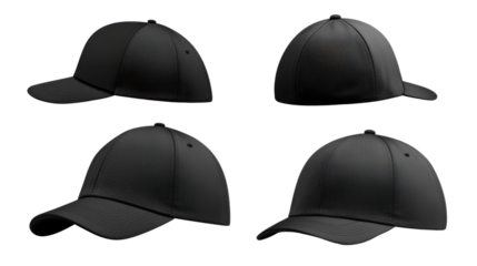 Four Black Baseball Caps with Abstract Wavy Pattern on Transparent Background