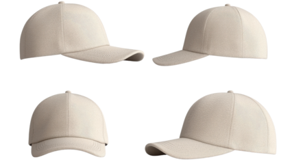 Four Views of Beige Textured Baseball Cap on Transparent Background