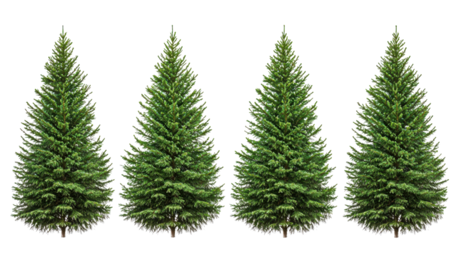 Five Lush Green Evergreen Trees on Transparent Background