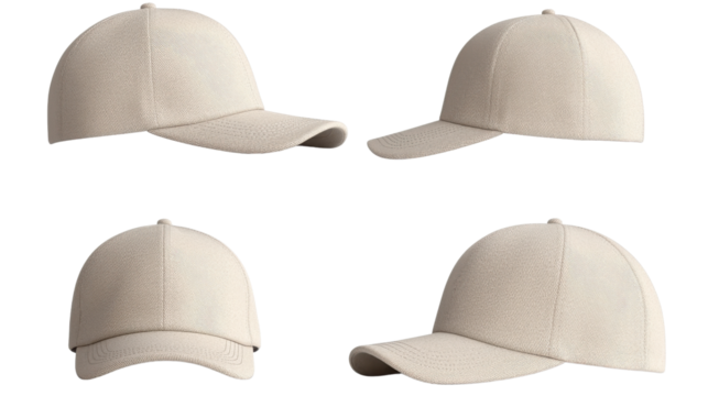 Four Views of Beige Textured Baseball Cap on Transparent Background