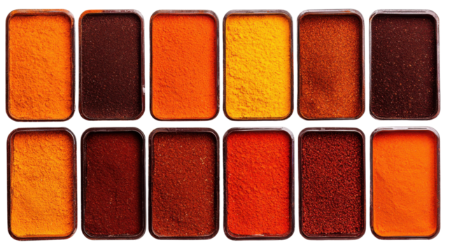 Twelve Shimmering Orange and Brown Glitter Eyeshadows in a Rectangular Palette