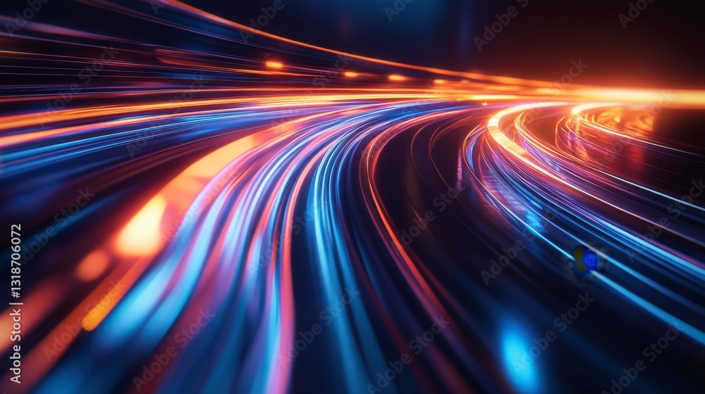 Poster futuristic 3d-rendered glowing light trails with an elegant smooth flow over a dark gradient backgro