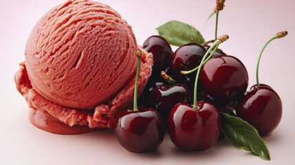 Cherry-flavored ice cream served with fresh cherries on a light background