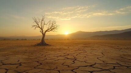 Dramatic solitary tree standing in a cracked parched desert landscape with a vibrant moody sunset sky in the background  A minimalist