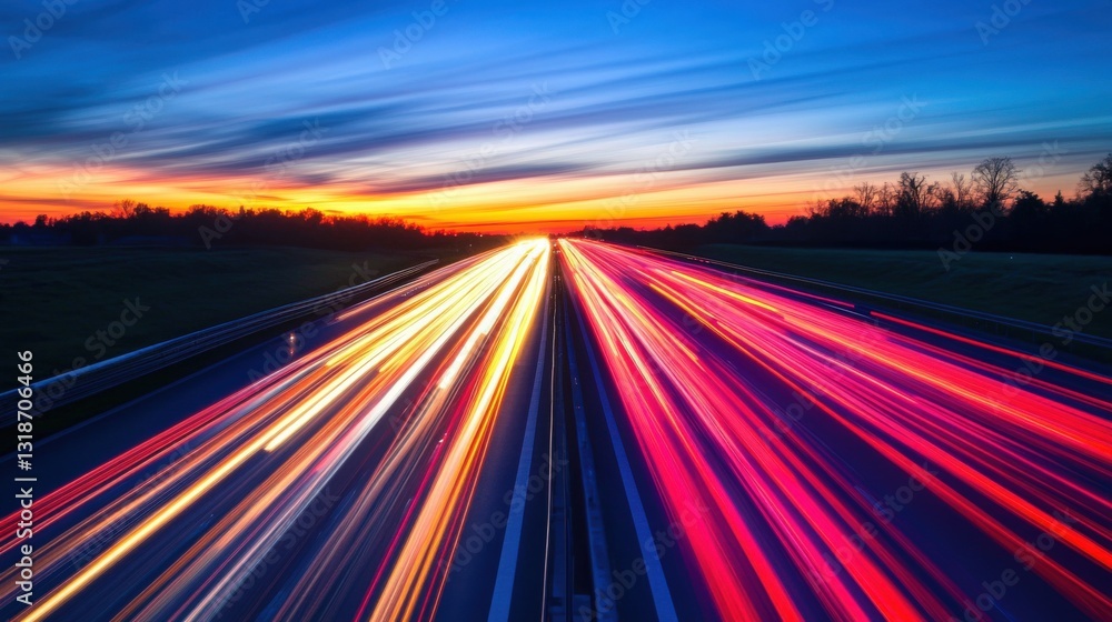 Poster vibrant sunset over a highway with light trails from moving vehicles creating dynamic motion