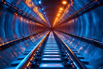 Naklejka premium Futuristic Underground Train Tunnel with Illuminated Blue and Orange Lights