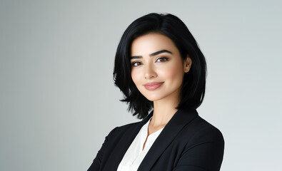 portrait of a Arabian female TV professional business woman news presenter short hair wearing dressed elegantly formal on a grey background AI Generate	