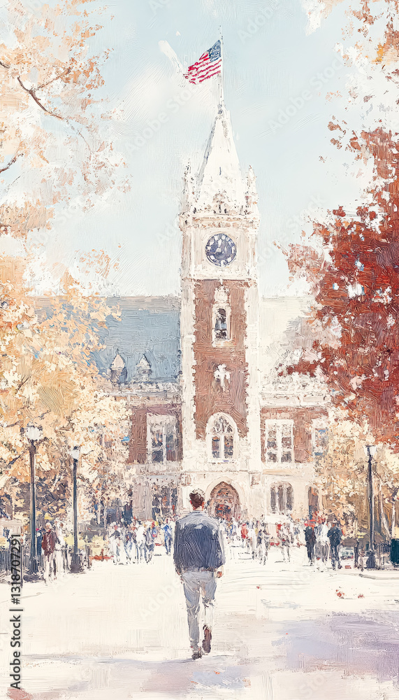Poster man walks past a large clock tower with a flag on top. the scene is set in a city with a large build