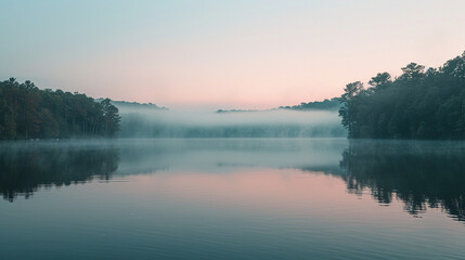 Fototapeta premium Misty Lake Reflecting the Gentle Hues of Sunrise, Tranquil Scene
