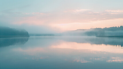 Obraz premium Misty Lake Reflecting the Gentle Hues of Sunrise, Tranquil Scene