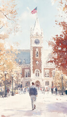 Man walks past a large clock tower with a flag on top. The scene is set in a city with a large building in the background. The man is in a hurry