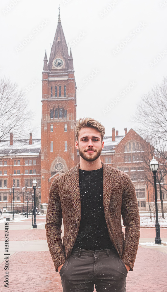 Aufkleber man in a brown jacket stands in front of a large brick building. he is smiling and he is enjoying th