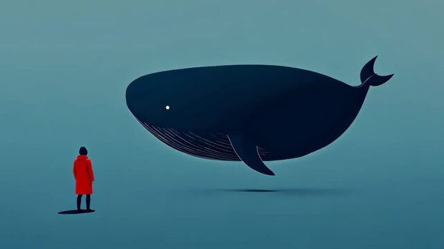 Silhouette of Biblical Jonah Before Giant Whale in Minimalist Style with Blue Background and Red Coat Focused on Conceptual Spirituality and Dramatic Contrast