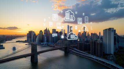 Fototapeta premium Breathtaking aerial view of New York City s iconic skyline and financial district at a dramatic sunset showcasing the city s towering skyscrapers bridges and reflective waterfront