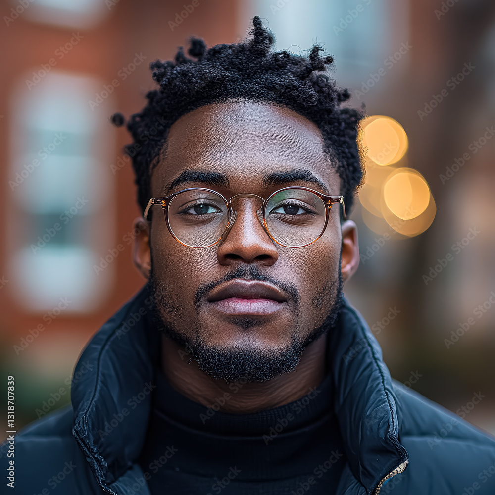 Poster man with glasses and a beard is standing in front of a building. he is wearing a black jacket and a 