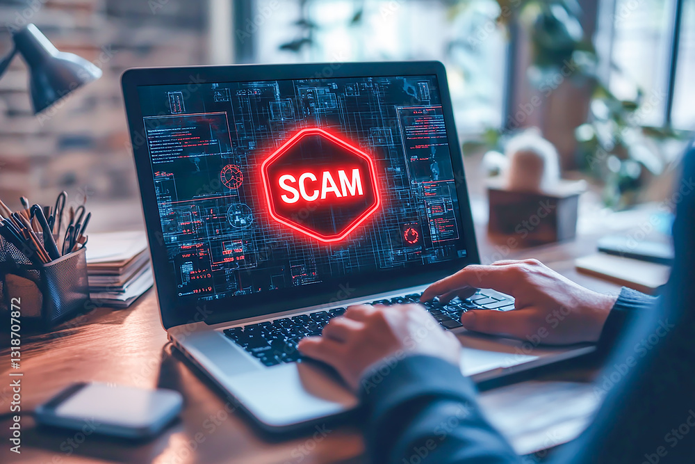 Poster a business person using a laptop with a red warning sign and icons of a hacker